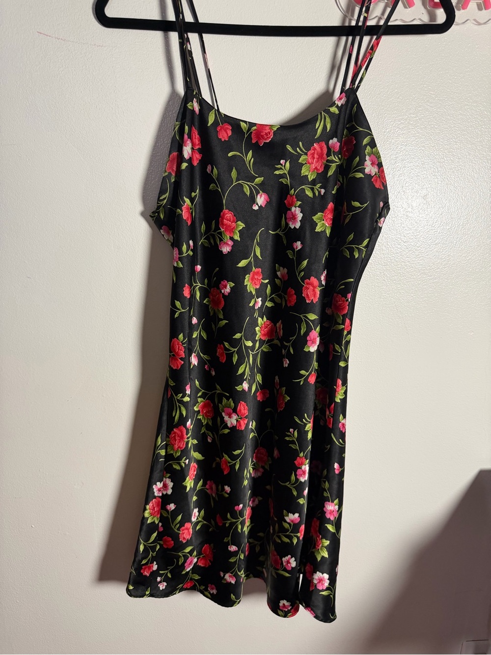 Intimo Black Slip Dress with Red & Green Floral Print